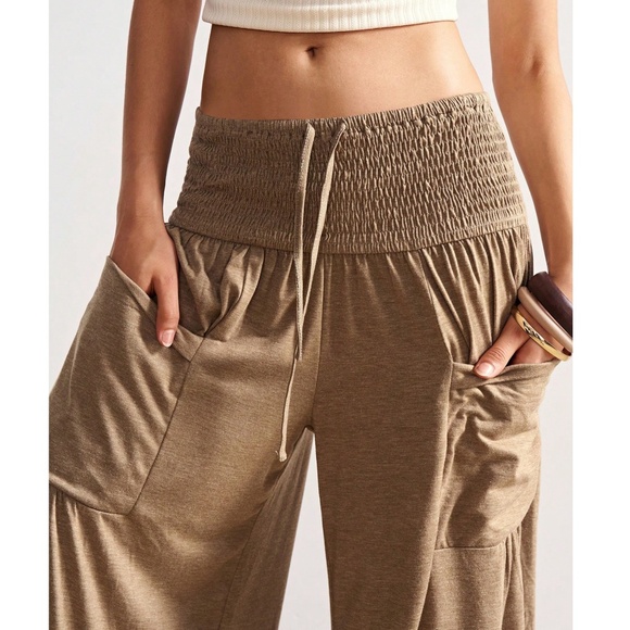 Solid Tan Stretchy Waist Pockets Wide Leg Lonuge Pants - Picture 2 of 8